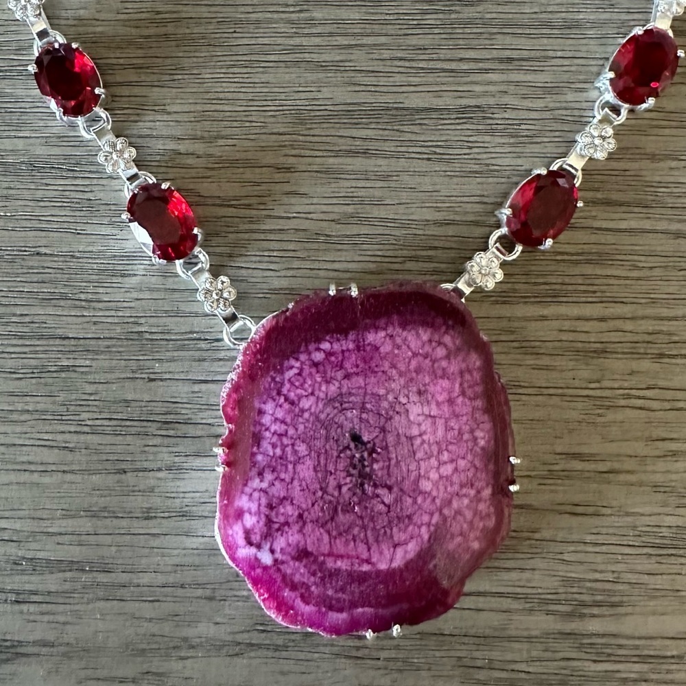 0548 Solar Quartz Druzy Garnet Big Necklace Statement Silver Gemstone Jewelry - Picture 3 of 9